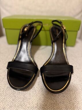Tory Burch Black Open-Toe Ankle-Strap Heels with Gold Accent